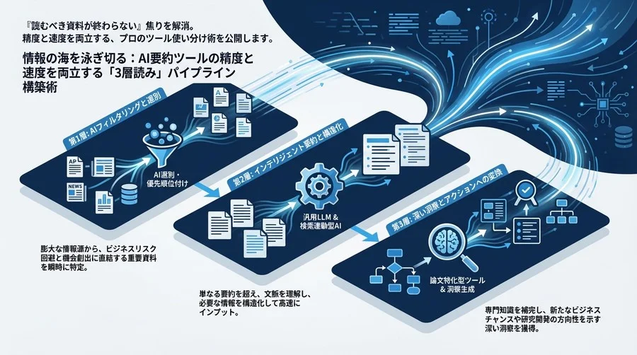 情報の海を泳ぎ切る：AI要約ツールの精度と速度を両立する「3層読み」パイプライン構築術