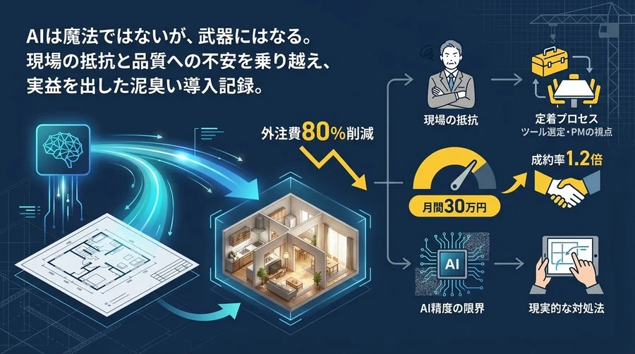 【実録】従業員30名の工務店がAI間取り図3D化で外注費80%削減した全記録：現場の抵抗から定着まで