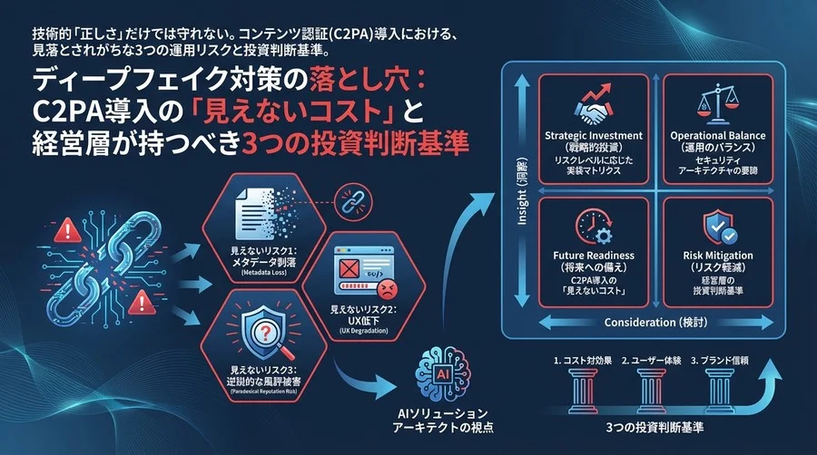 ディープフェイク対策の落とし穴：C2PA導入の「見えないコスト」と経営層が持つべき3つの投資判断基準