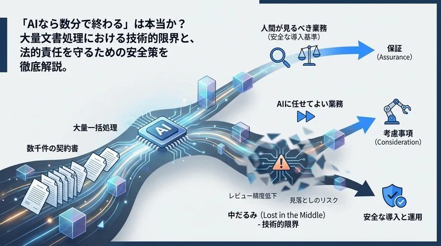 法務AIの「大量一括処理」に潜む罠：数千件レビューの技術的限界と安全な導入基準