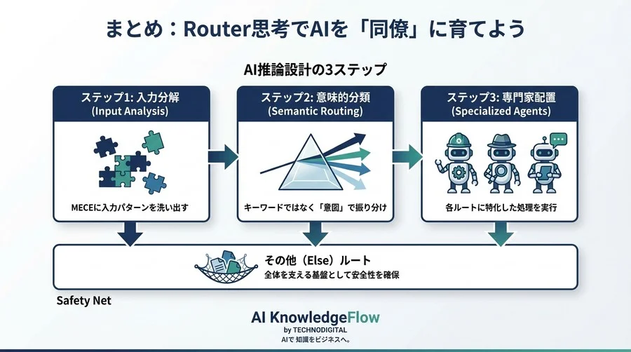 プロンプト修正の沼から脱出せよ。ノーコードAIの精度を劇的に高める「Router思考」と設計戦略 - Conclusion Image