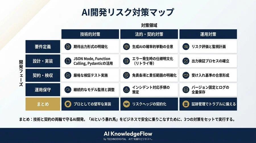 AIが吐く不正JSONで損害賠償？開発会社が守るべき契約不適合リスクと技術的防衛策の全貌 - Conclusion Image