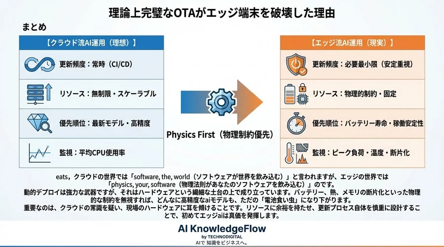 理論上完璧なOTAがエッジ端末を破壊した理由：バッテリーとメモリを食い潰す動的デプロイの落とし穴 - Conclusion Image
