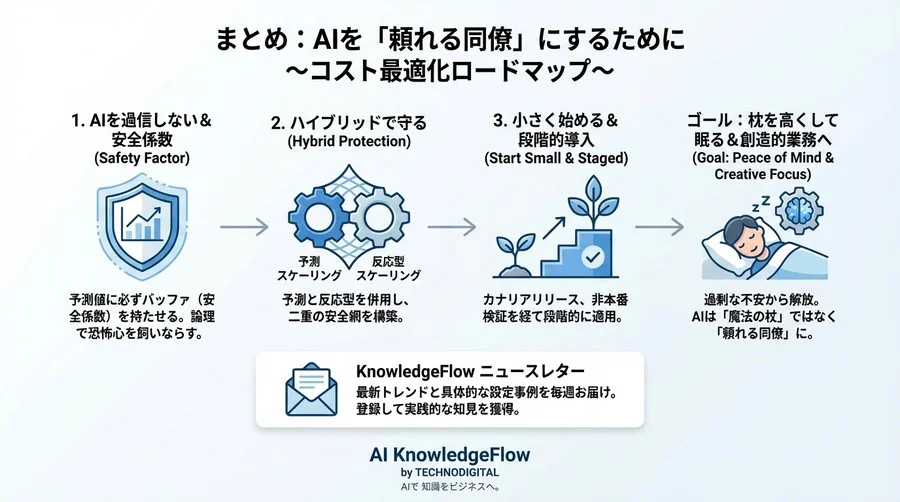 「夜間のリソース削減が怖い」SREへ。AI予測×安全係数で実現する、枕を高くして眠るためのコスト最適化ロードマップ - Conclusion Image