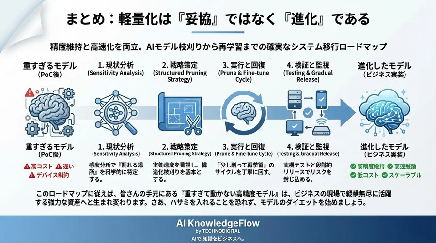 精度維持と高速化を両立。AIモデル枝刈りから再学習までの確実なシステム移行ロードマップ - Conclusion Image