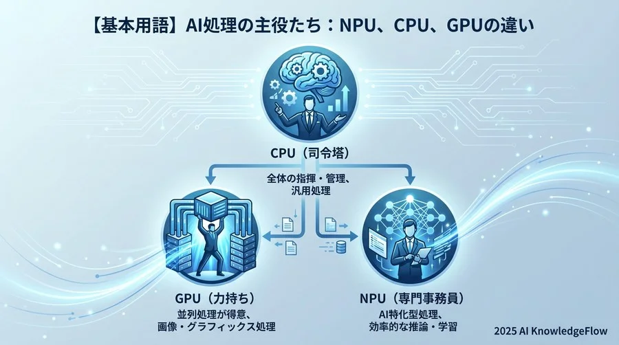 【基本用語】AI処理の主役たち：NPU、CPU、GPUの違い - Section Image