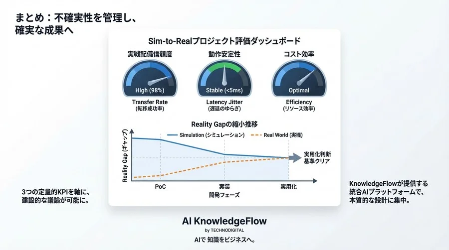 ROS 2とIsaac GymのSim-to-Real実装：実機転移を成功させる3つの定量的KPIと計測手法 - Conclusion Image