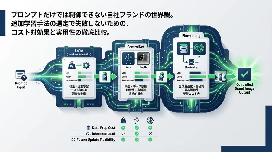 画像生成AIの制御戦略：LoRA・ControlNet・Fine-tuningの費用対効果と実用性比較