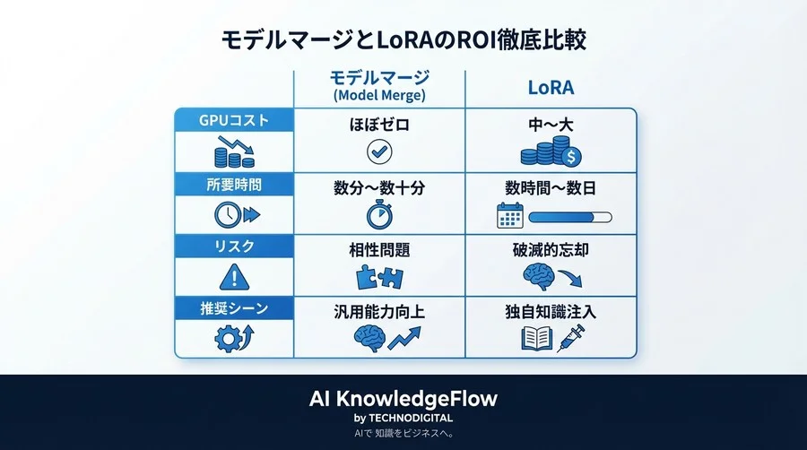 GPUコストゼロで性能向上？モデルマージとLoRAのROI徹底比較検証 - Conclusion Image