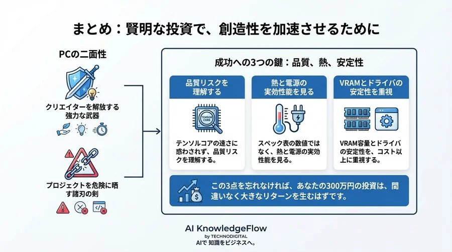 300万円の投資が無駄になる前に：AIレンダリングPC選定で陥る「熱・VRAM・互換性」の致命的リスク - Conclusion Image
