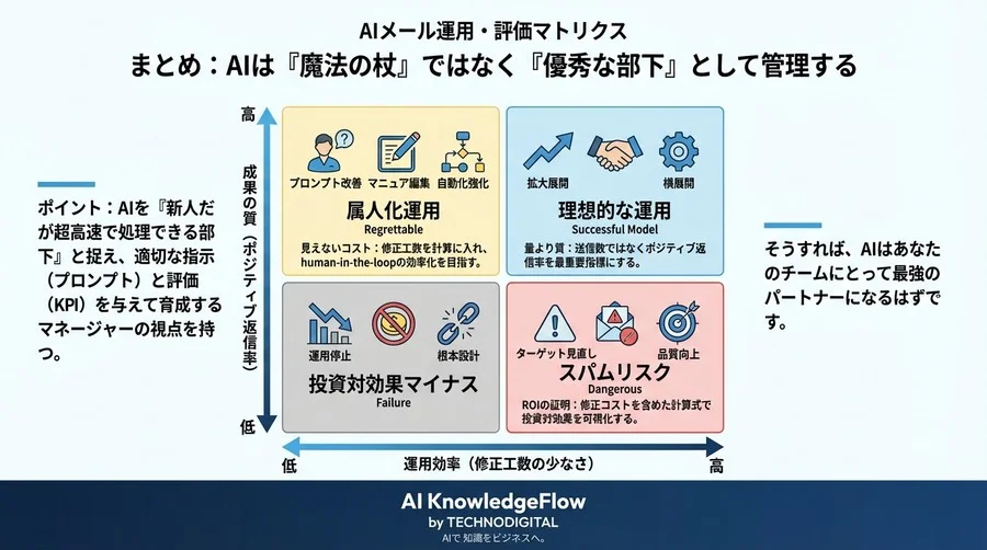 生成AIメールのROIは「送信数」で測るな。経営を説得する成果指標と修正コスト計算式 - Conclusion Image