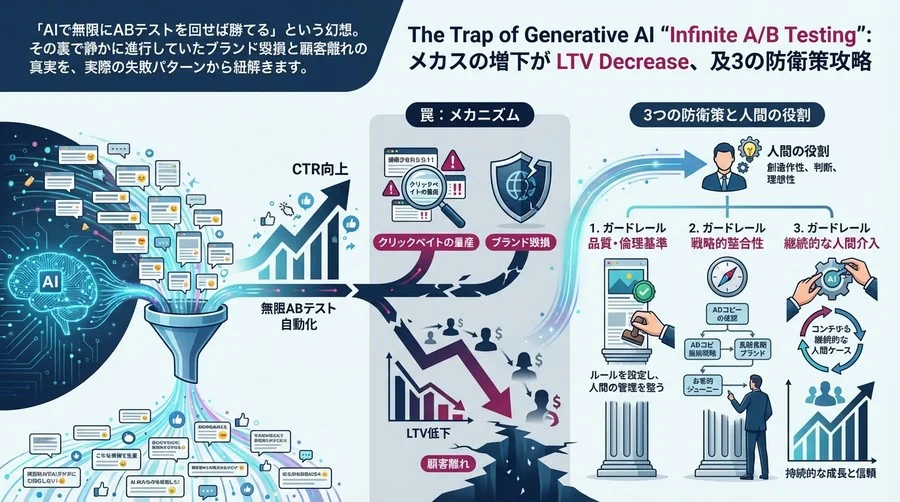 生成AIによる「無限ABテスト」の罠：CTR向上でもLTVが下がるメカニズムと3つの防衛策