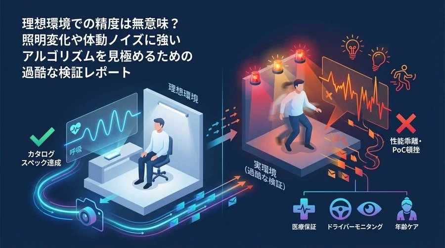 理想環境の精度は無意味。照明変化と体動ノイズに強い非接触バイタル検知の過酷な検証録