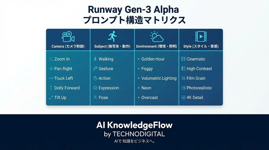 Runway Gen-3 Alphaプロンプト仕様書：シネマティック映像制御のためのパラメータ設計と構造化ロジック - Conclusion Image