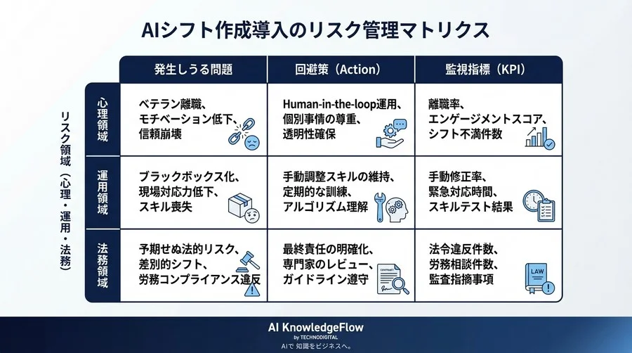 AIシフト作成の「最適化」が招く現場崩壊の危機とは？心理・運用・法的リスクと回避策 - Conclusion Image