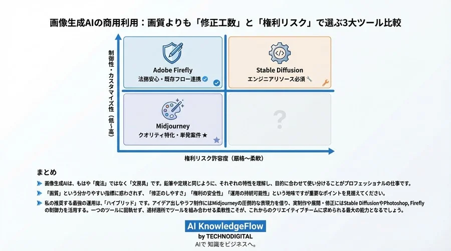 画像生成AIの商用利用：画質よりも「修正工数」と「権利リスク」で選ぶ3大ツール比較 - Conclusion Image